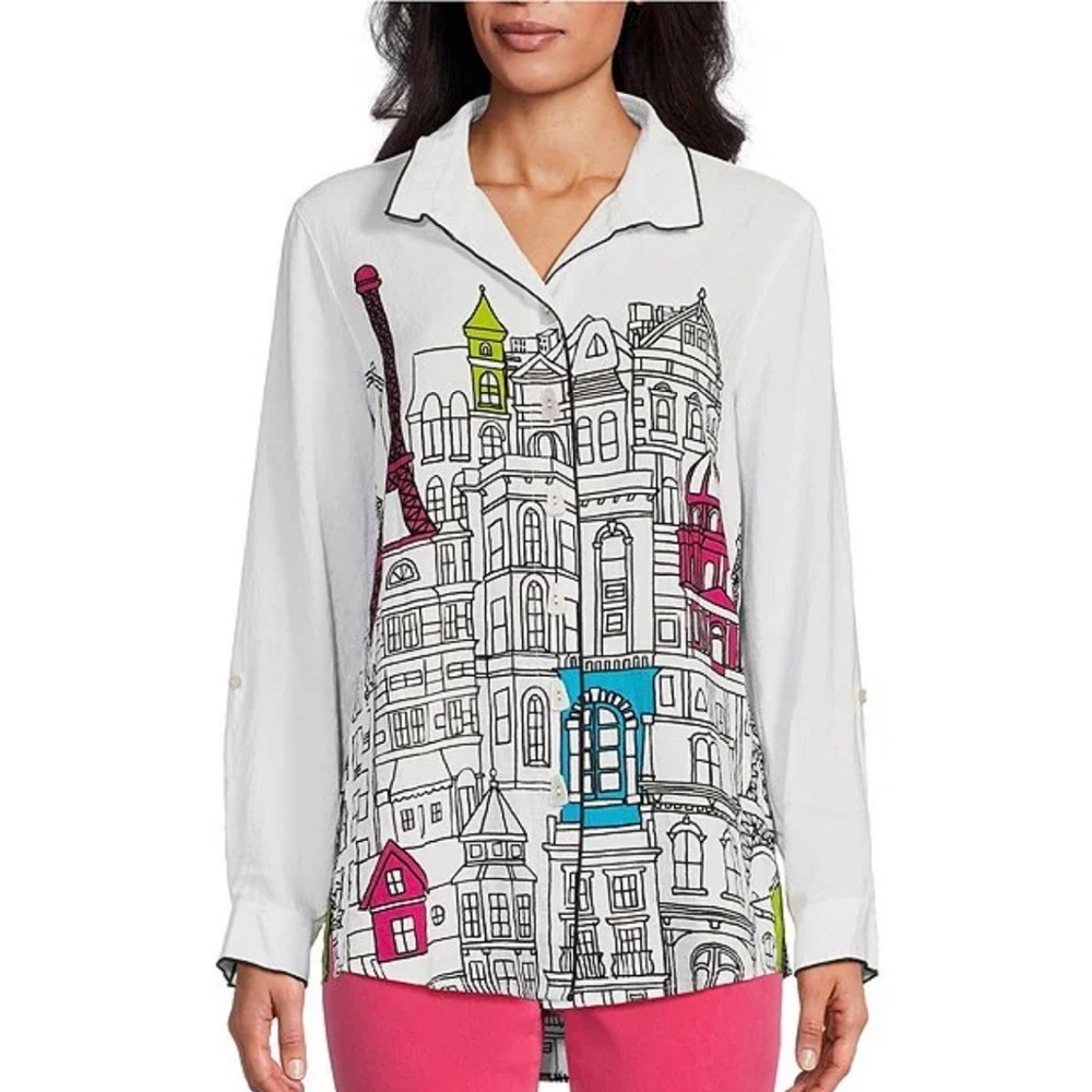 John Mark Woven Novelty Print Wire Collar Long Sleeve Button Down Tunic Size S